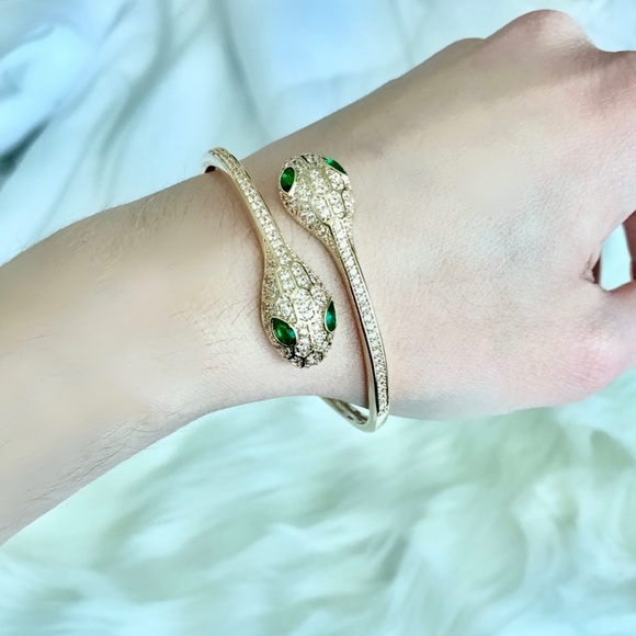 Gold Crystal Double Head Snake Cuff Bracelet - Picture 1 of 16